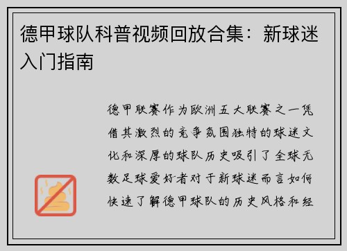 德甲球队科普视频回放合集：新球迷入门指南