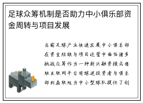 足球众筹机制是否助力中小俱乐部资金周转与项目发展